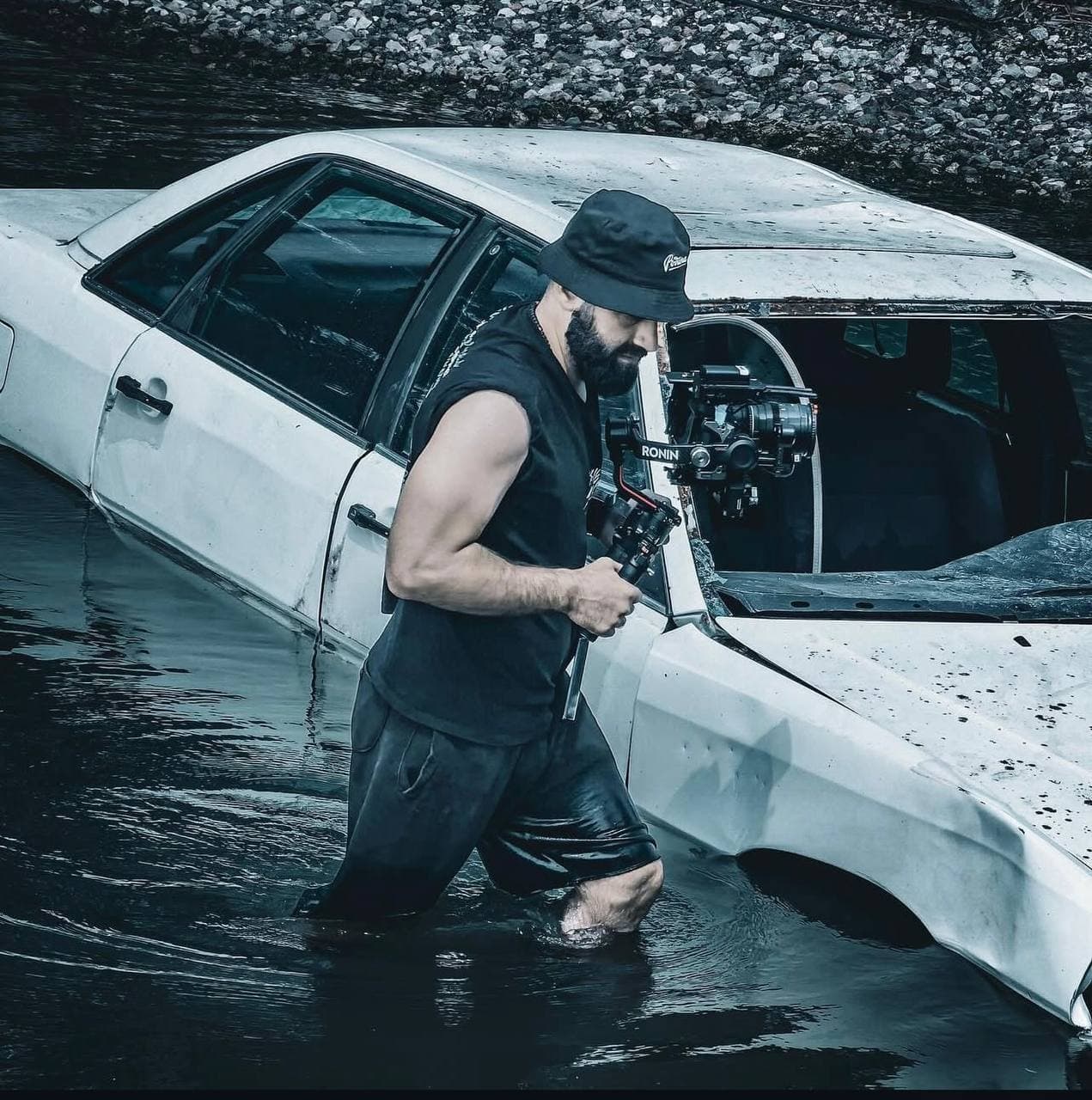Filming in water with submerged car